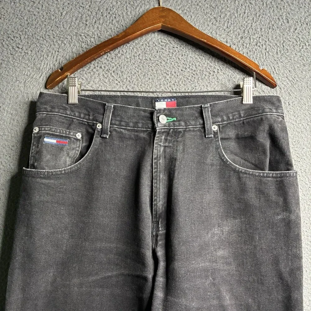 Vtg 90s Tommy Hilfiger Mens 34x29 Baggy Denim Jeans Black Whiskered Flag